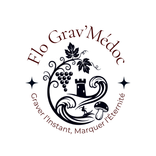 Logo de Flo Grav'Médoc, atelier de gravure laser à Avensan : vigne, château et slogan Graver l'instant, marquer l'éternité.